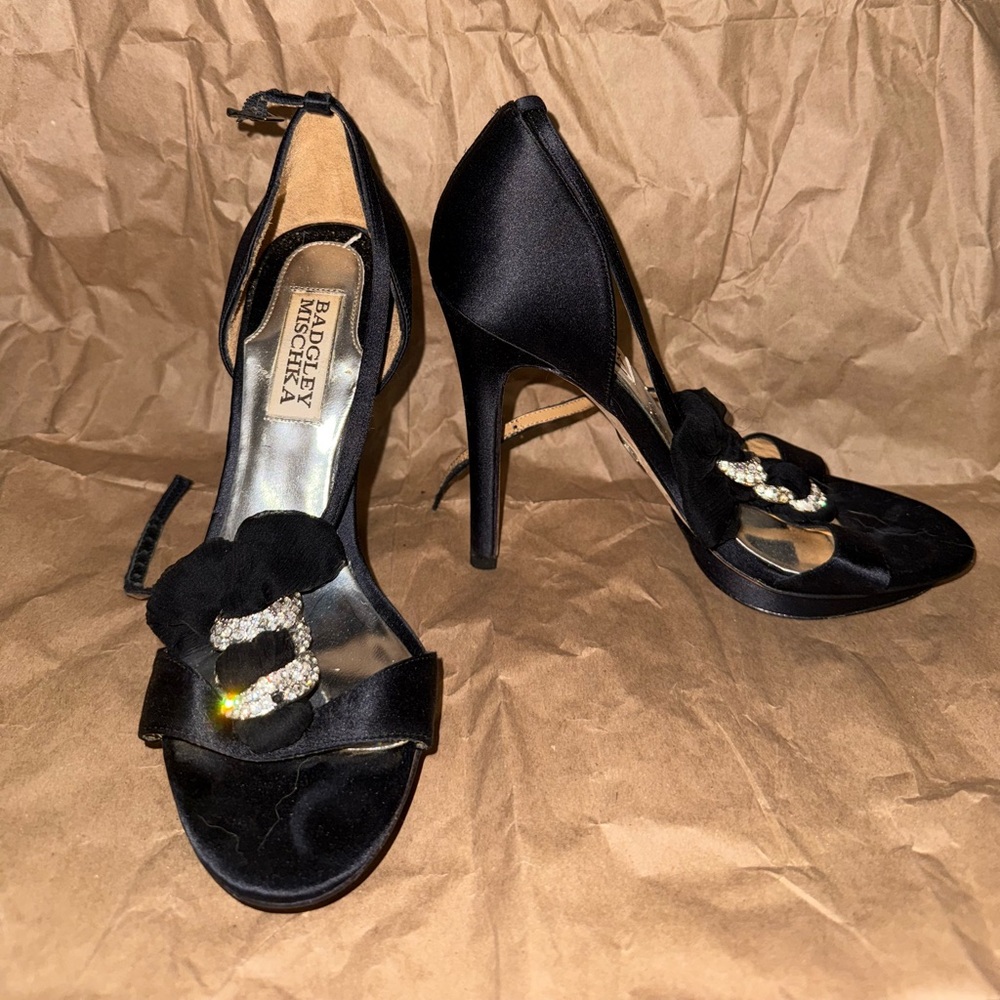 Badgley Mischka Black Satin Heels with Floral Crystal Detail